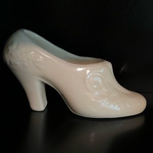 High Heel Vintage Pottery Shoe Planter Creamy White Floral design Glossy Finish